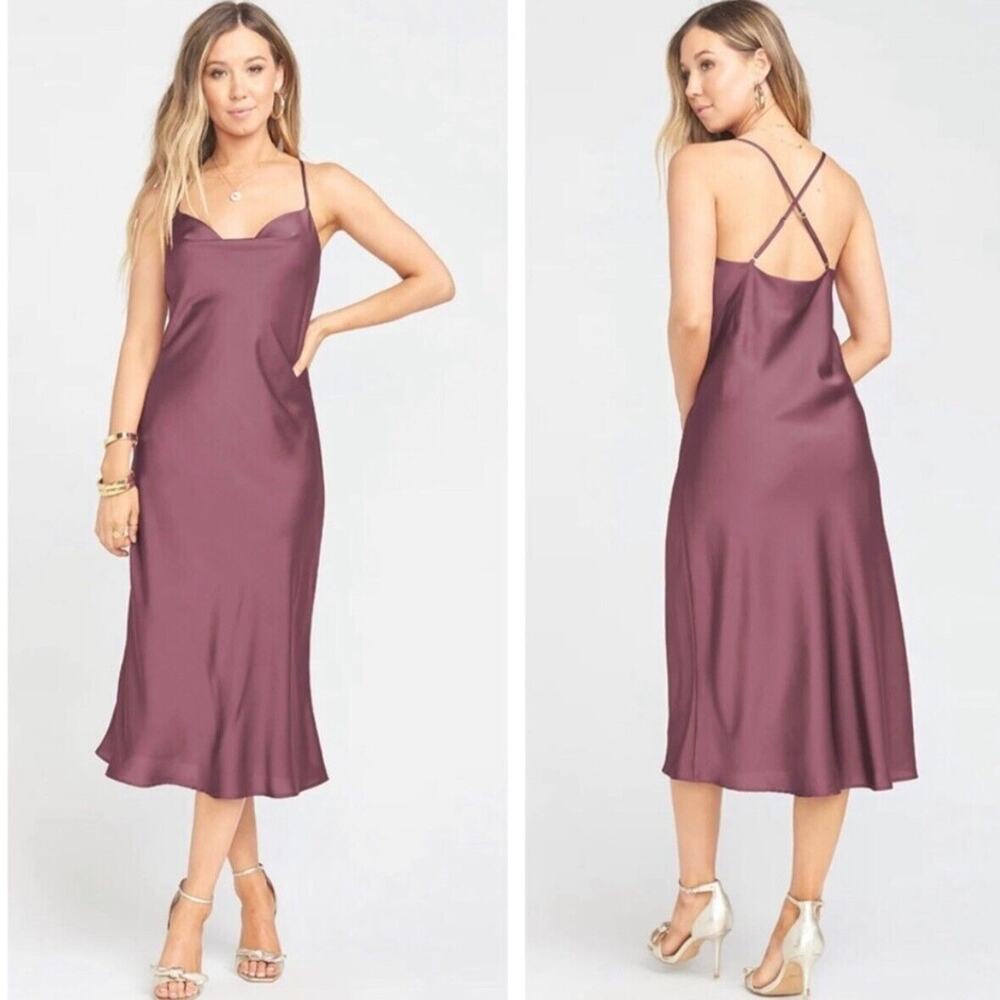 show me your mumu verona cowl midi dress purple plum luxe satin women large